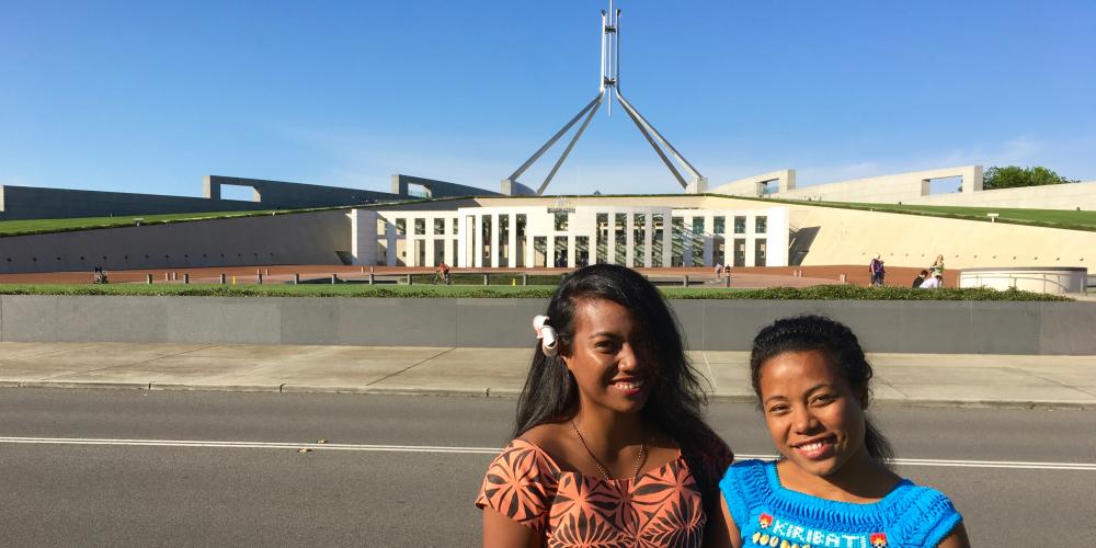 From Kiribati to Canberra— Seventh-day Adventist young people Vasiti Tebamare and Tinaai Teaua at Australia’s Parliament House.